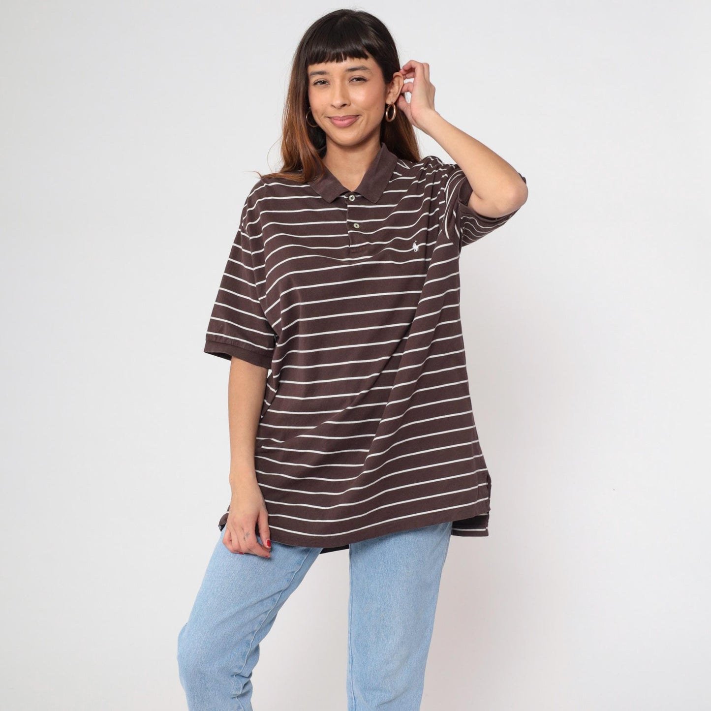 90s Polo Ralph Lauren Striped Polo Shirt Brown White Cotton Extra Large XL