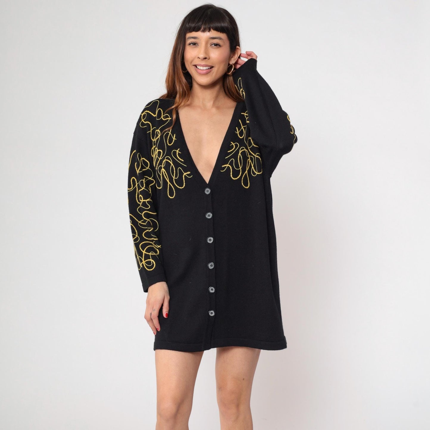 90s Mondi Black Cardigan Gold Embroidered Abstract Wool Blend Longline Medium
