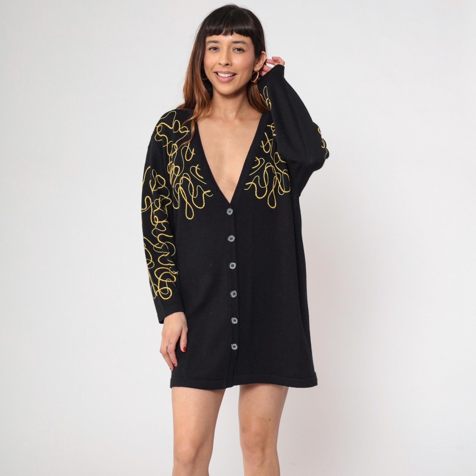 90s Mondi Black Cardigan Gold Embroidered Abstract Wool Blend Longline Medium