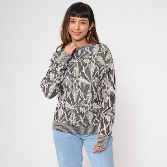 80s Collezione Zenio Abstract Geometric Knit Sweater Grey Cream Small