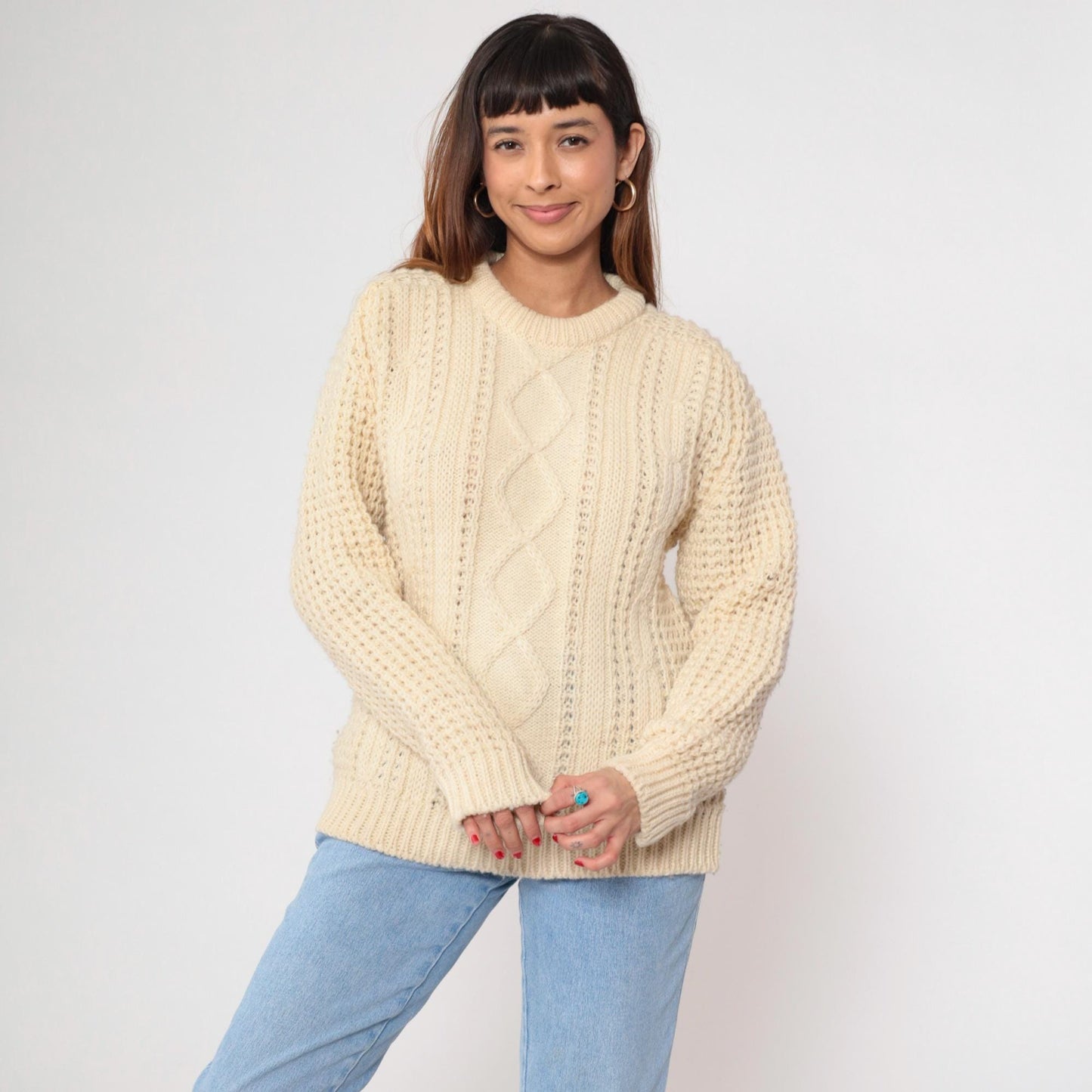 80s Falcarragh Cable Knit Wool Sweater Cream Aran Fisherman Small