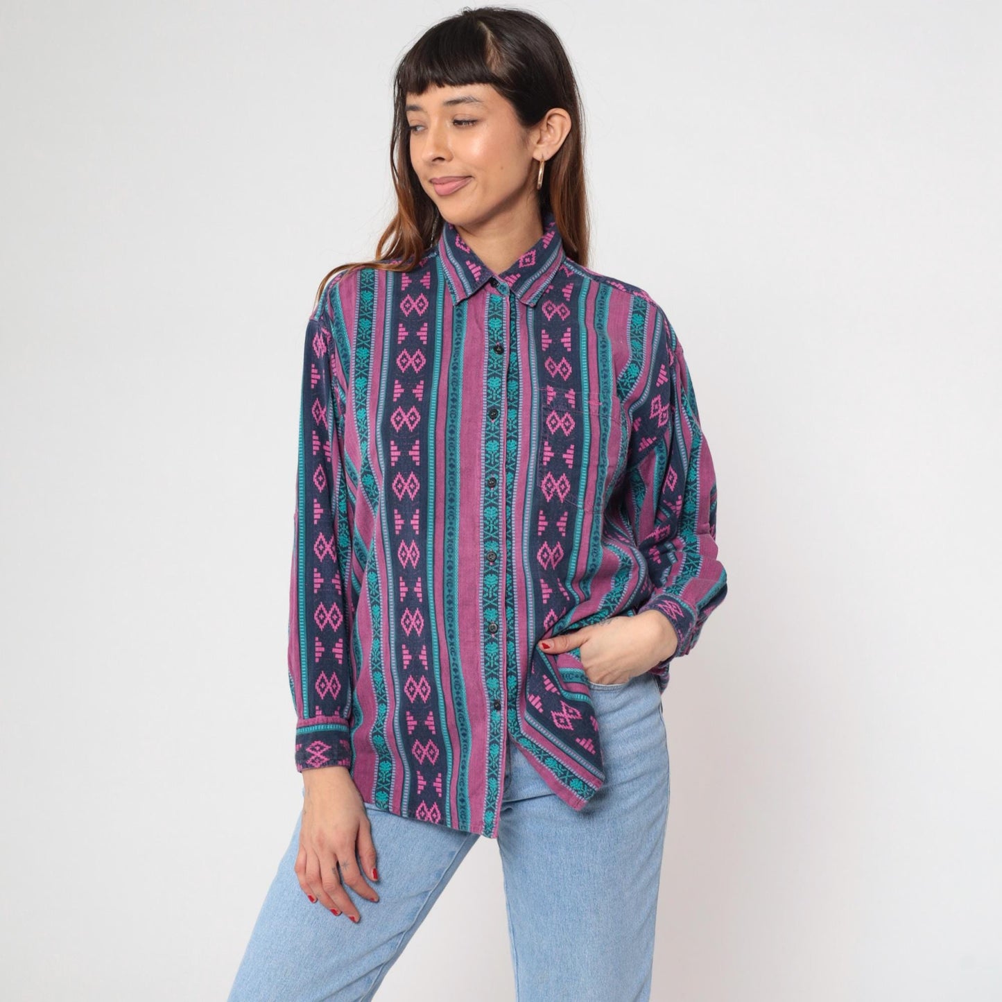 90s Southwestern Tribal Geometric Button-Up Shirt Purple Magenta Teal Large L