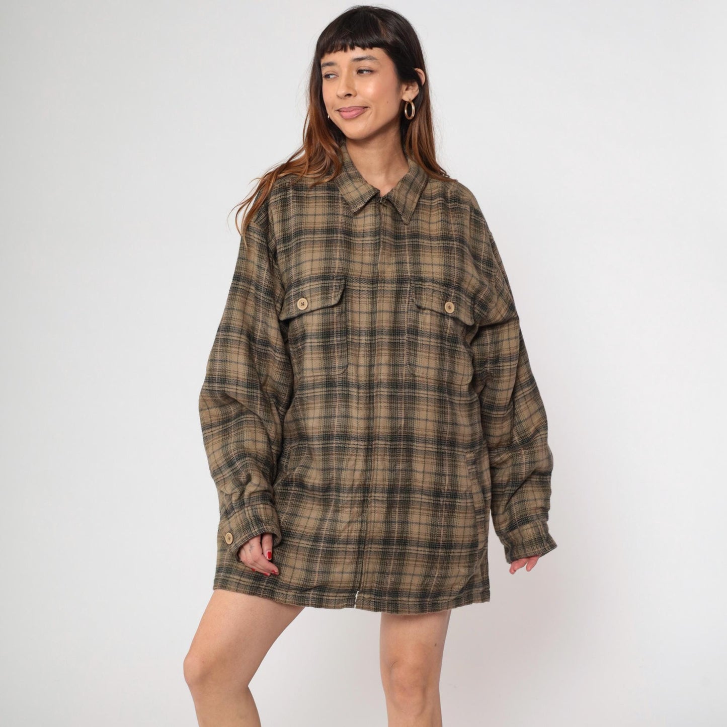 Y2K Shaver Lake Plaid Shirt Jacket Brown Green Checked Collared Large L