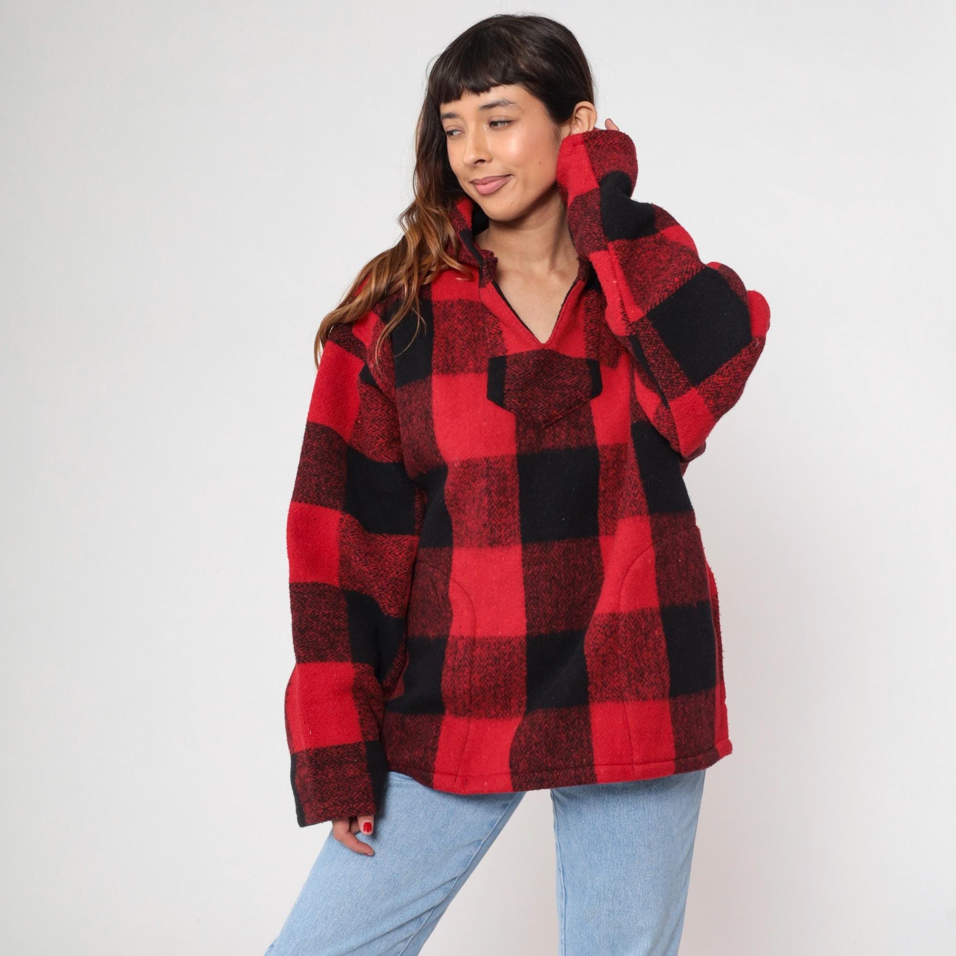 90s Buffalo Plaid Hoodie Red Black Half-Zip Earth Ragz Fleece Large L