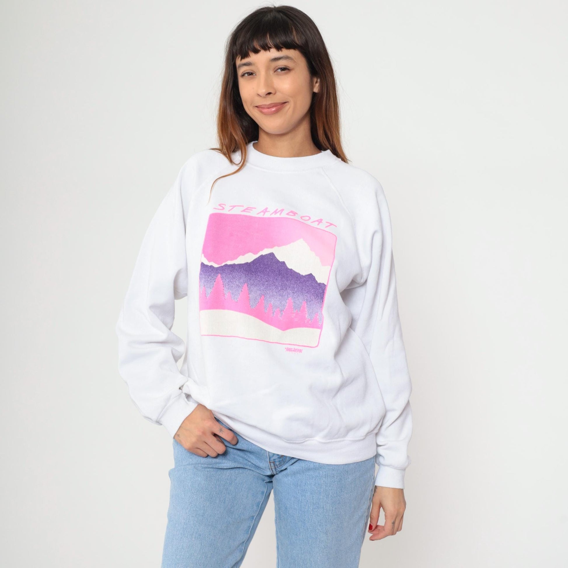 90s Steamboat Mountain Hanes Sweatshirt White Raglan Graphic XL