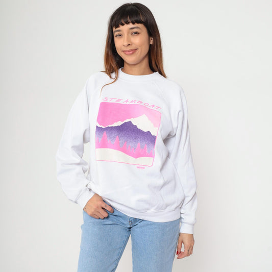 90s Steamboat Mountain Hanes Sweatshirt White Raglan Graphic XL