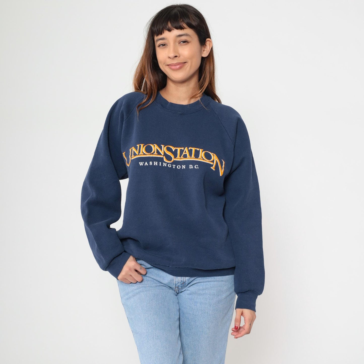 90s Union Station Washington DC Navy Sweatshirt Embroidered Raglan Extra Large XL