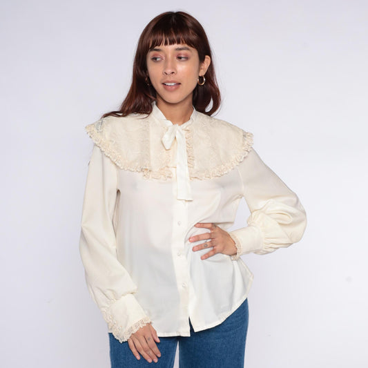 70s Elles Belles Cream Lace Blouse Pussy Bow Tie Neck Large L