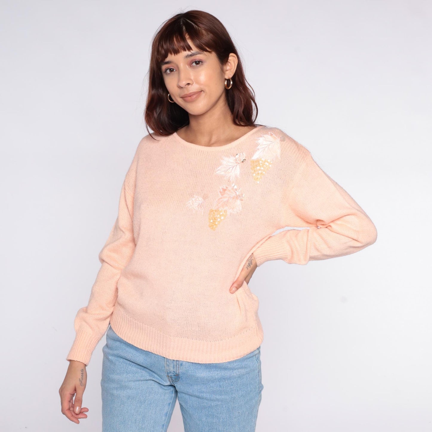 80s Peach Sequin Floral Sweater Sheridan Square Knit Pullover Small S
