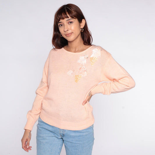 80s Peach Sequin Floral Sweater Sheridan Square Knit Pullover Small S