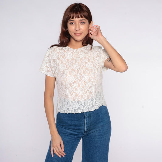 70s White Lace Blouse Floral Scalloped Short Sleeve Cropped Top Medium