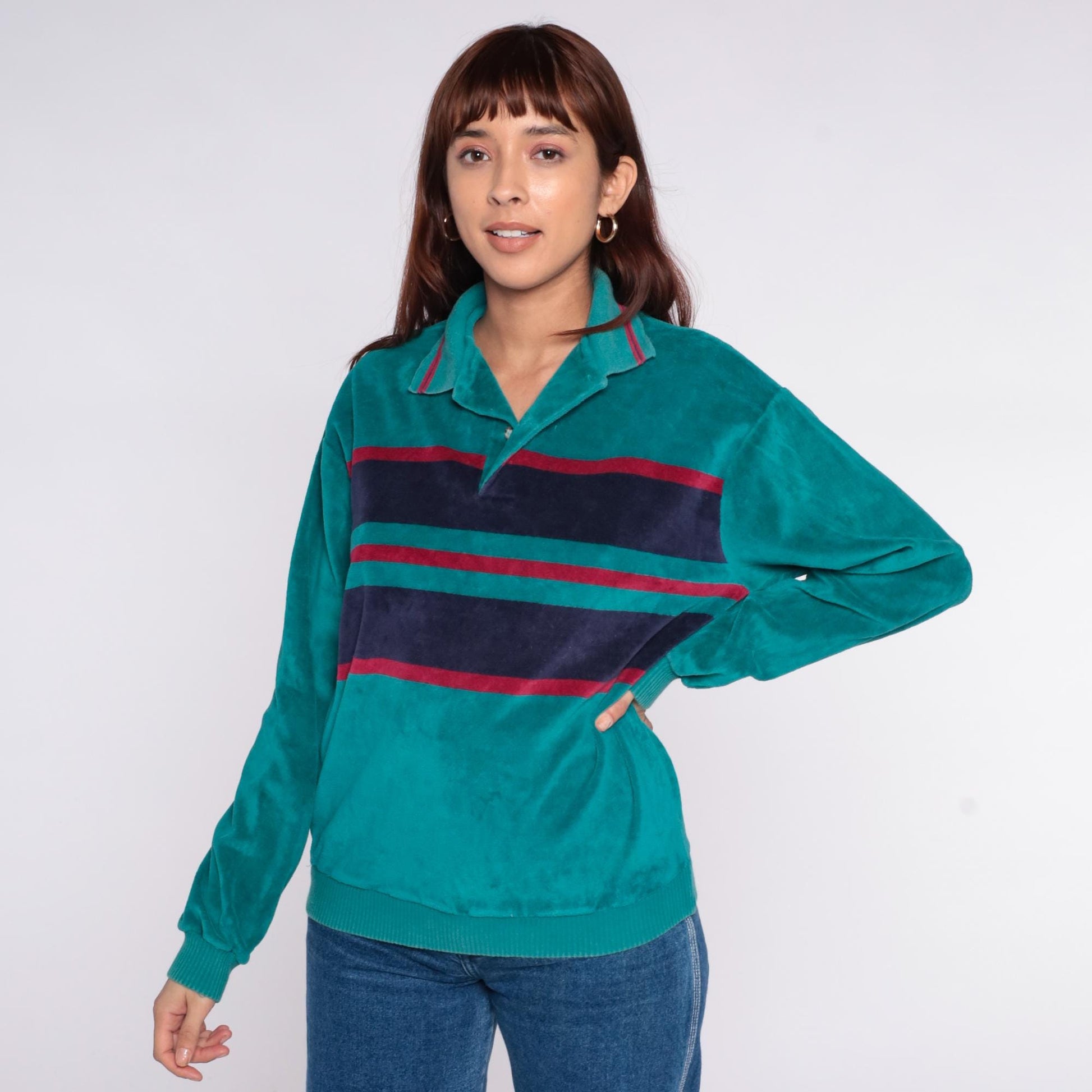 90s Chesterfield Velour Pullover Teal Striped Collared Sweatshirt Medium M