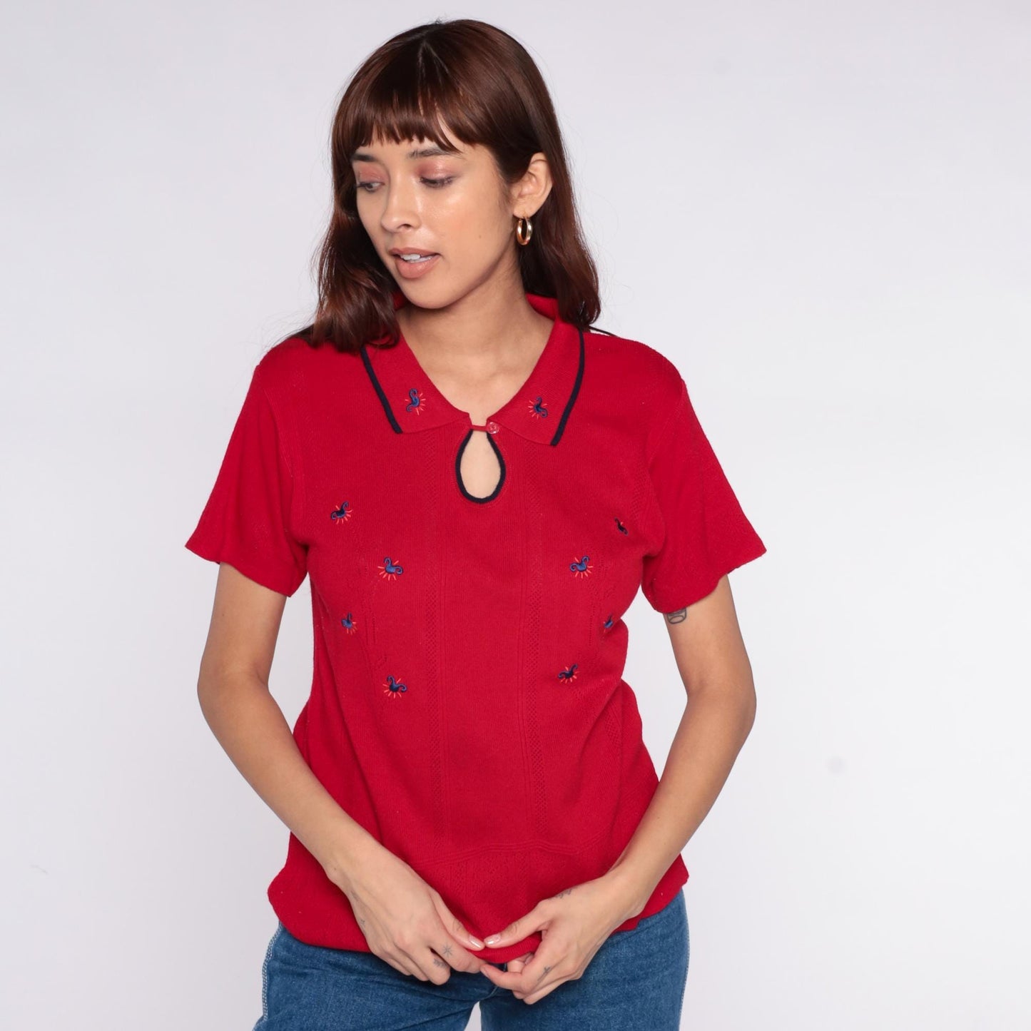 70s Lady Loana Red Polo Shirt Embroidered Flowers Keyhole Neckline Medium