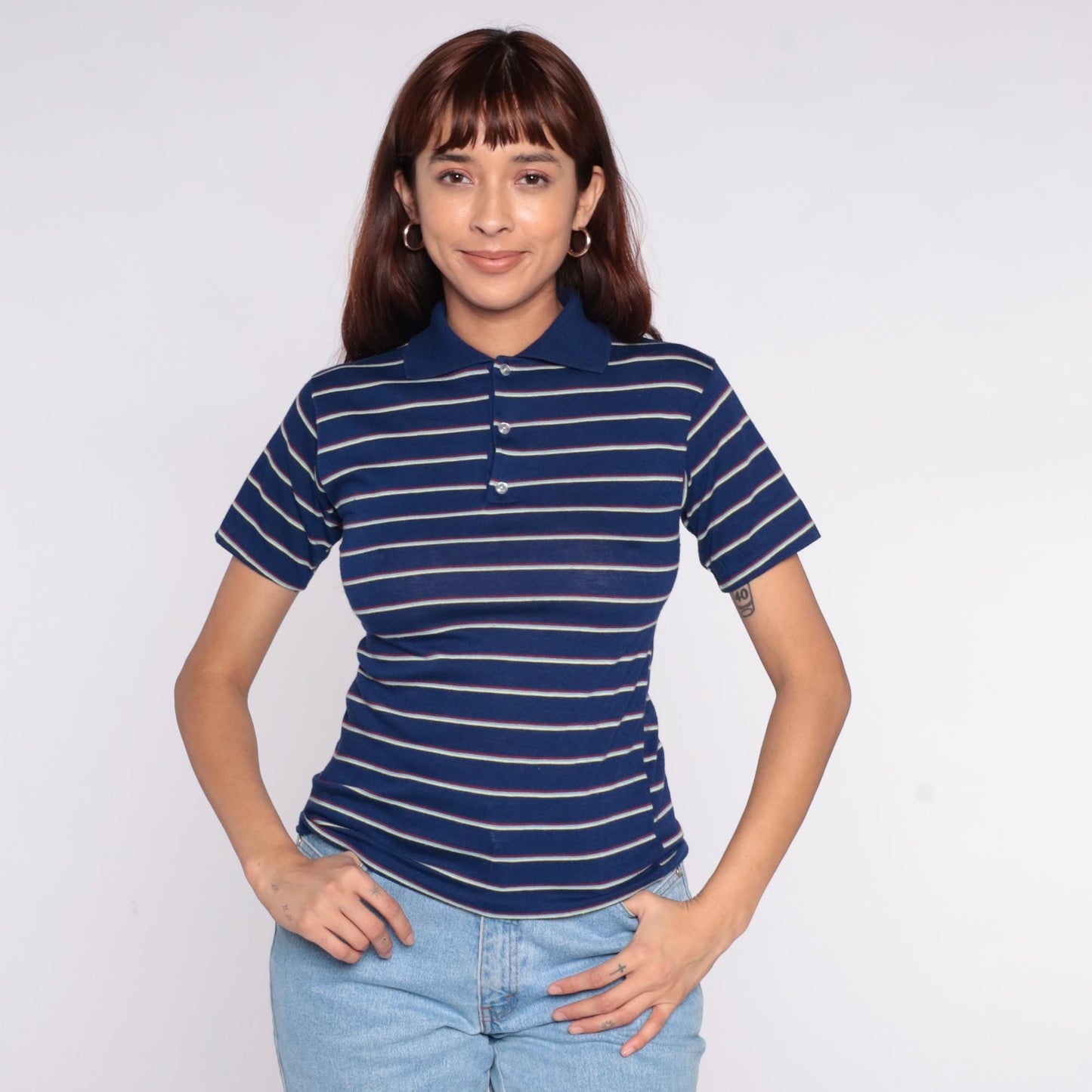 80s Navy Striped Polo Shirt White Red Horizontal Cotton Small