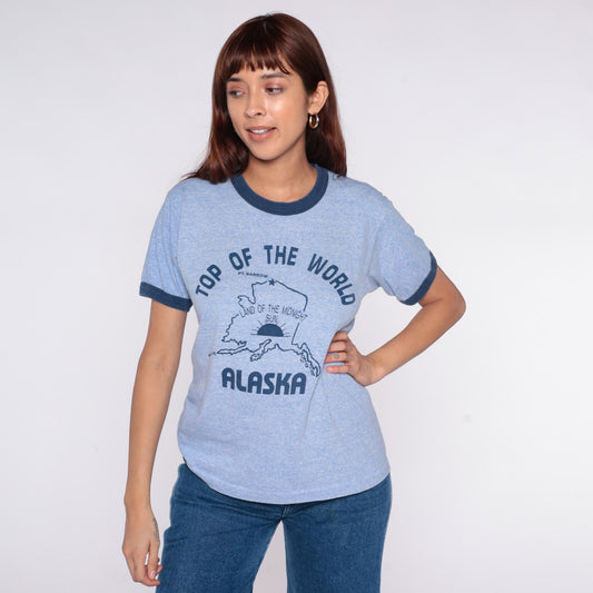 80s Alaska Tourist Ringer Tee Light Blue Navy Trim Graphic Medium