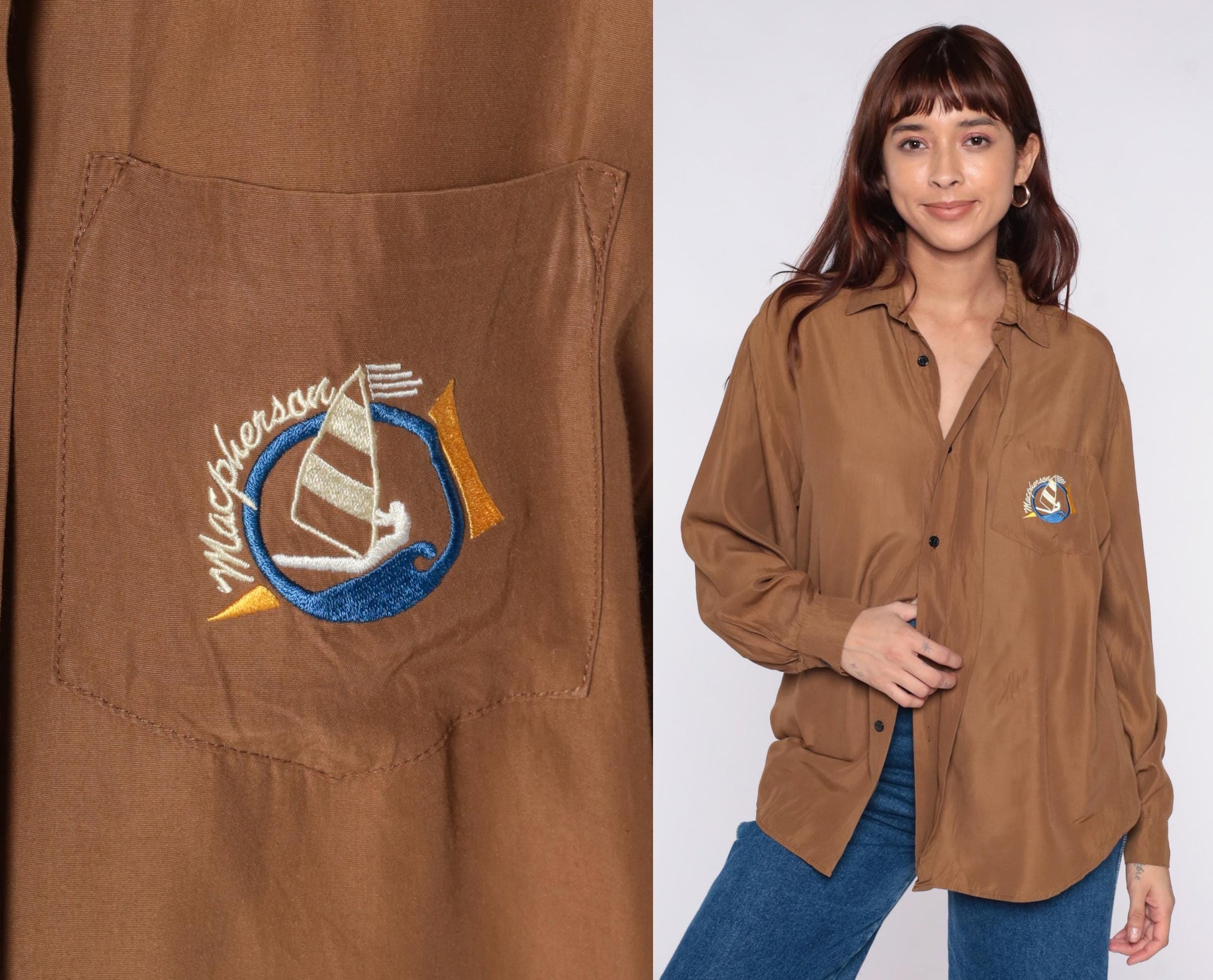 90s Brown Sailboat Embroidered Shirt Collared Long Sleeve Blouse Large L