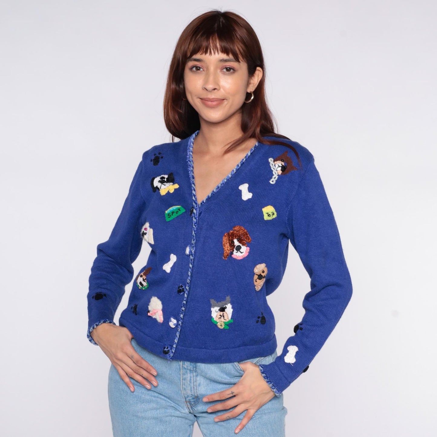 90s Jack B. Quick Dog Cardigan Blue Embroidered Puppy Paw Print Small