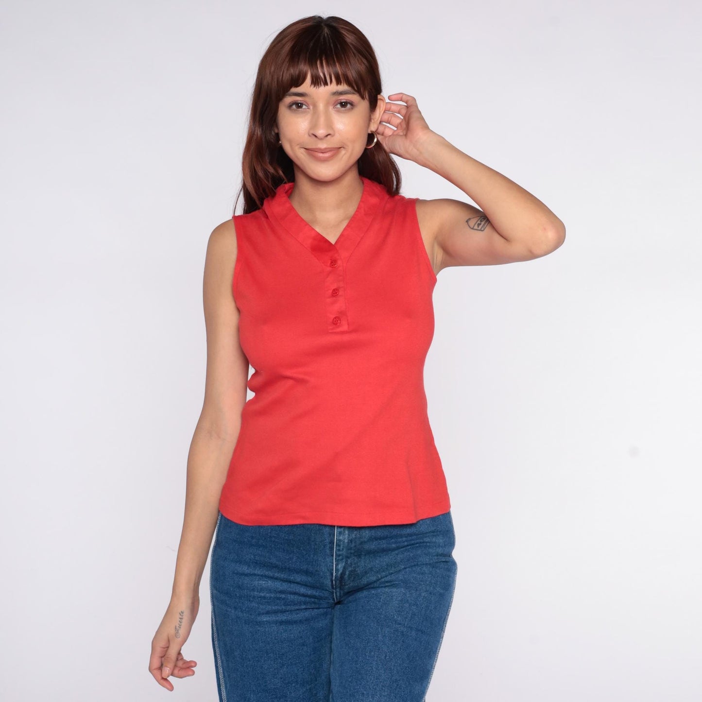 70s Catalina Sportswear Red Polo Tank V-Neck Collared Button Front Small