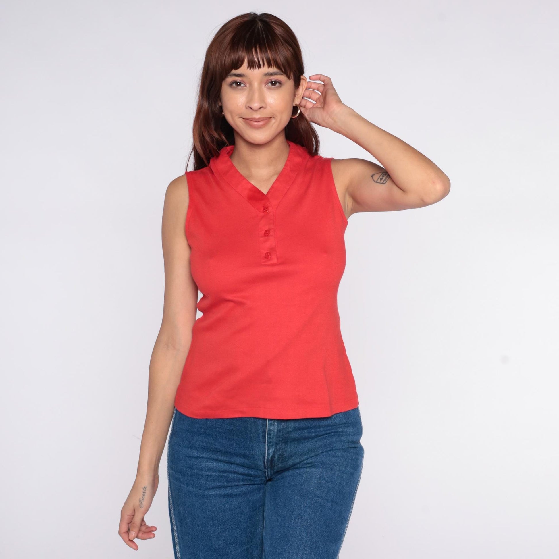 70s Catalina Sportswear Red Polo Tank V-Neck Collared Button Front Small