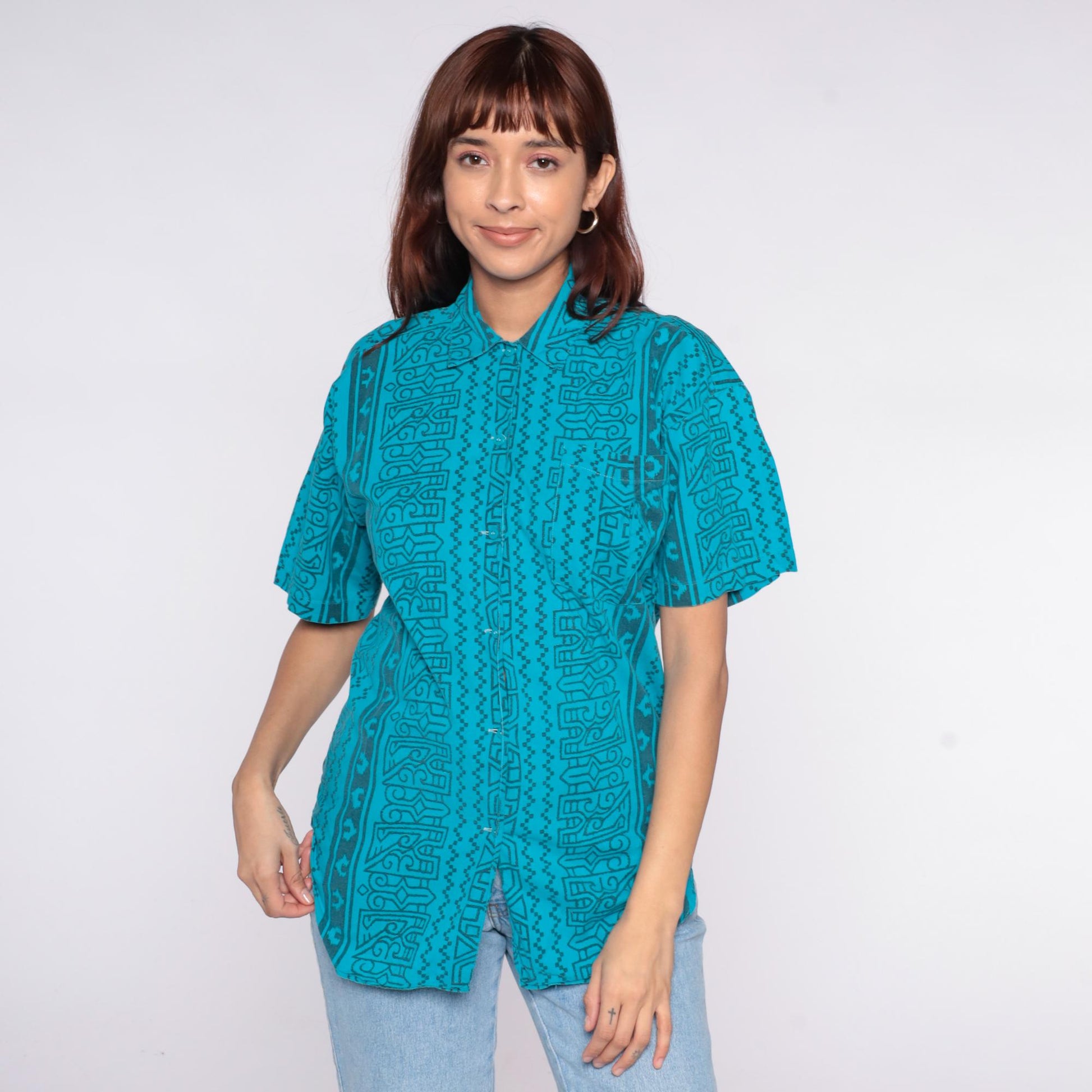 90s Turquoise Geometric Tribal Button-Up Shirt Short Sleeve Medium