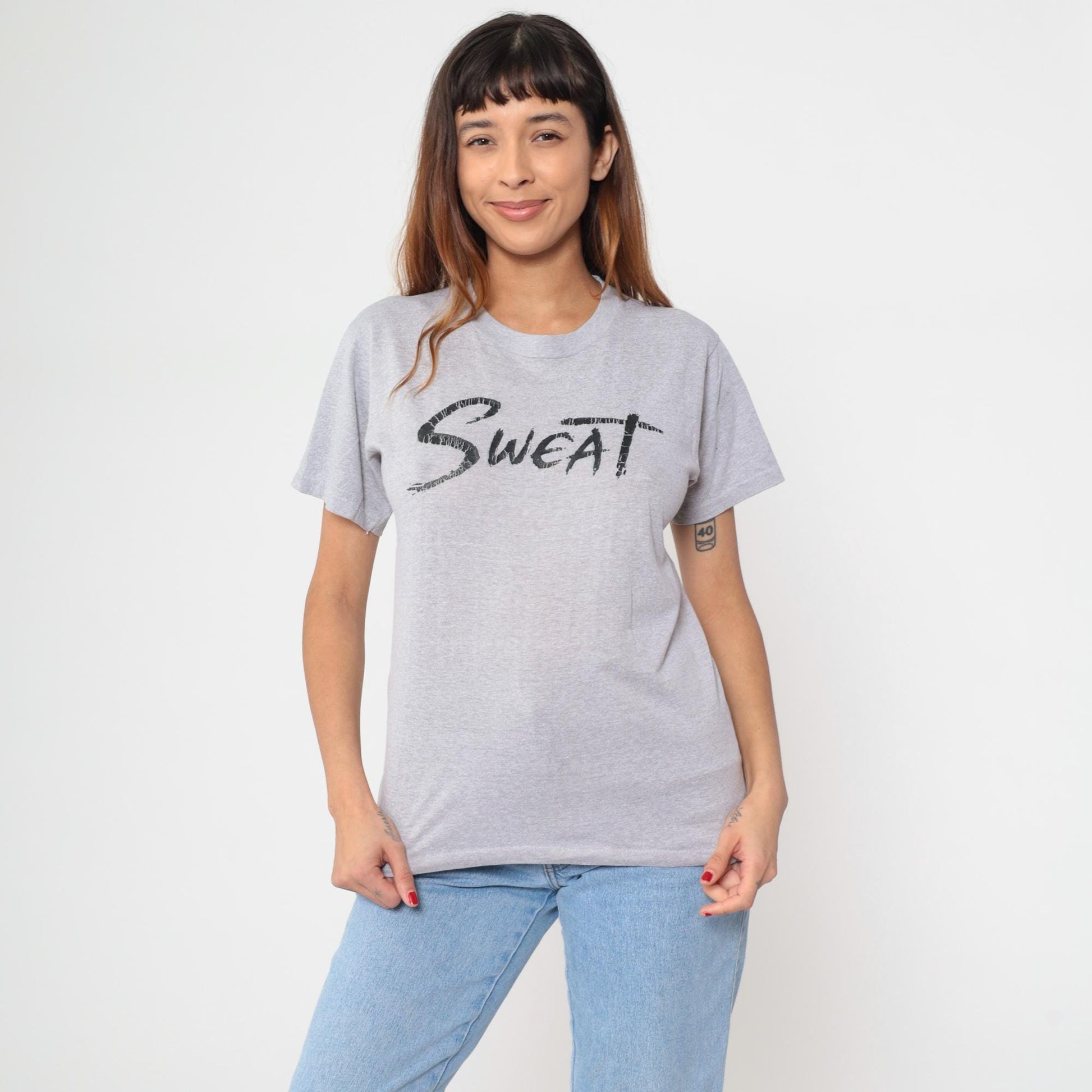 80s SWEAT Graphic T-Shirt Grey Crewneck Short Sleeve Medium