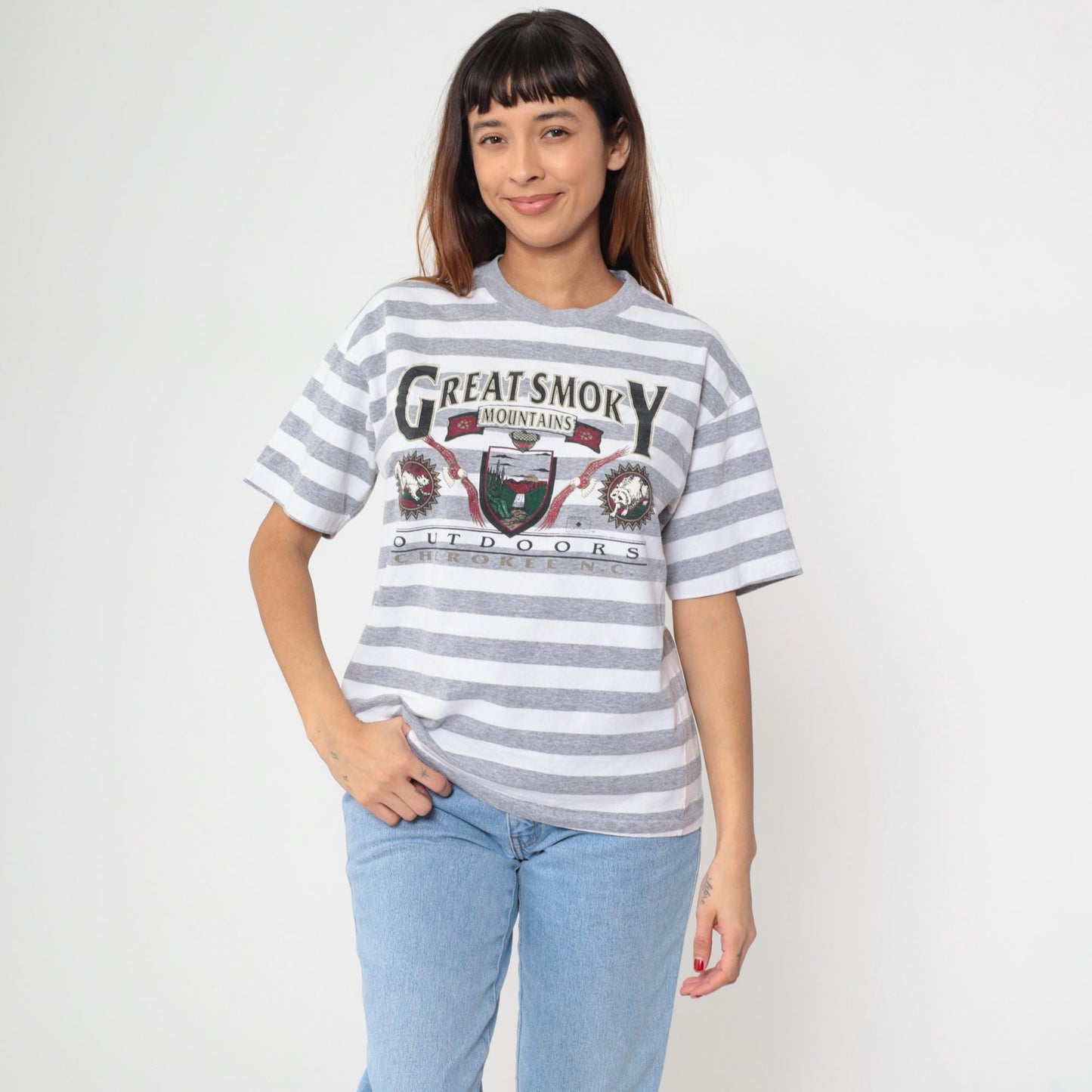 90s Great Smoky Mountains Striped Graphic Tee Grey White Large L