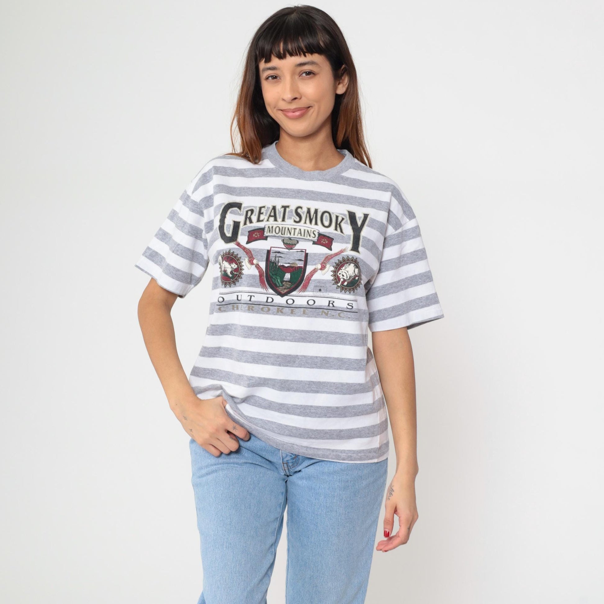 90s Great Smoky Mountains Striped Graphic Tee Grey White Large L