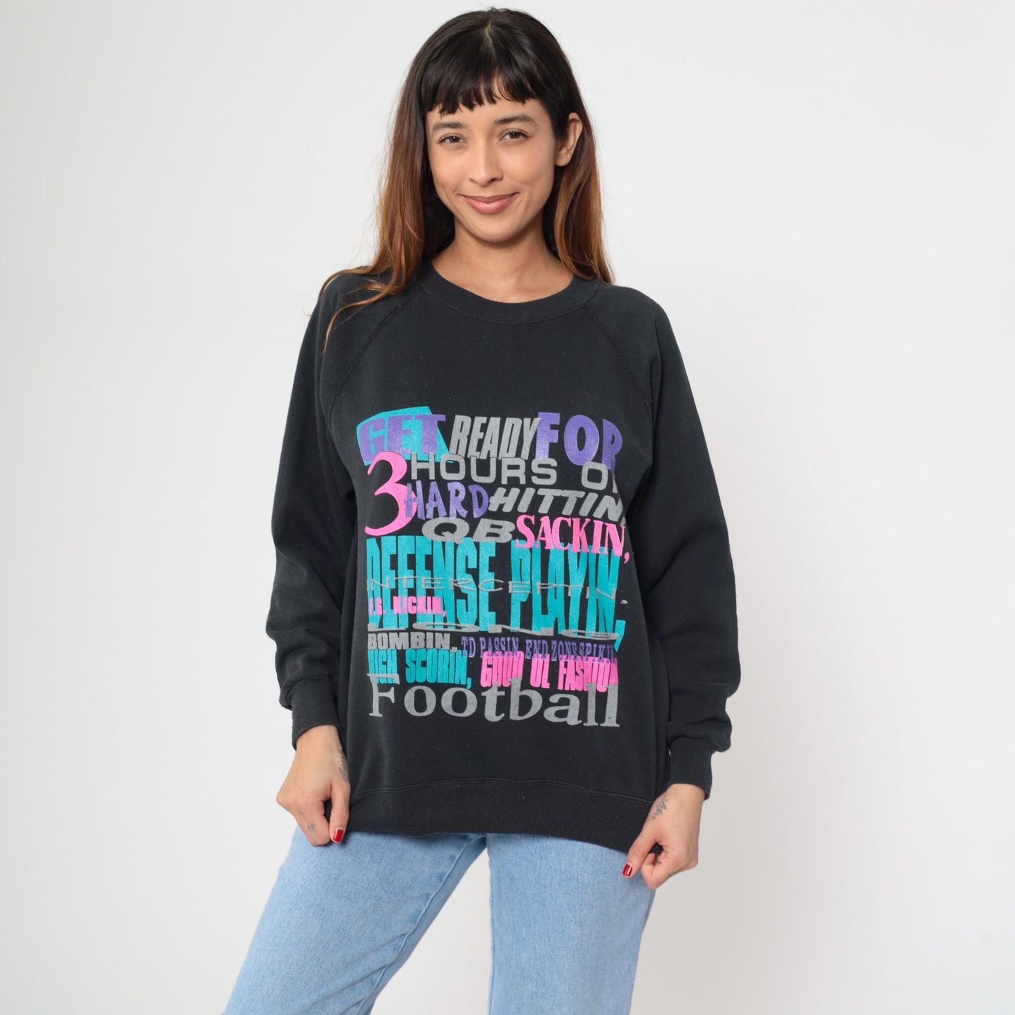 90s Hanes Football Sweatshirt Black Raglan Graphic Crew Neck Medium