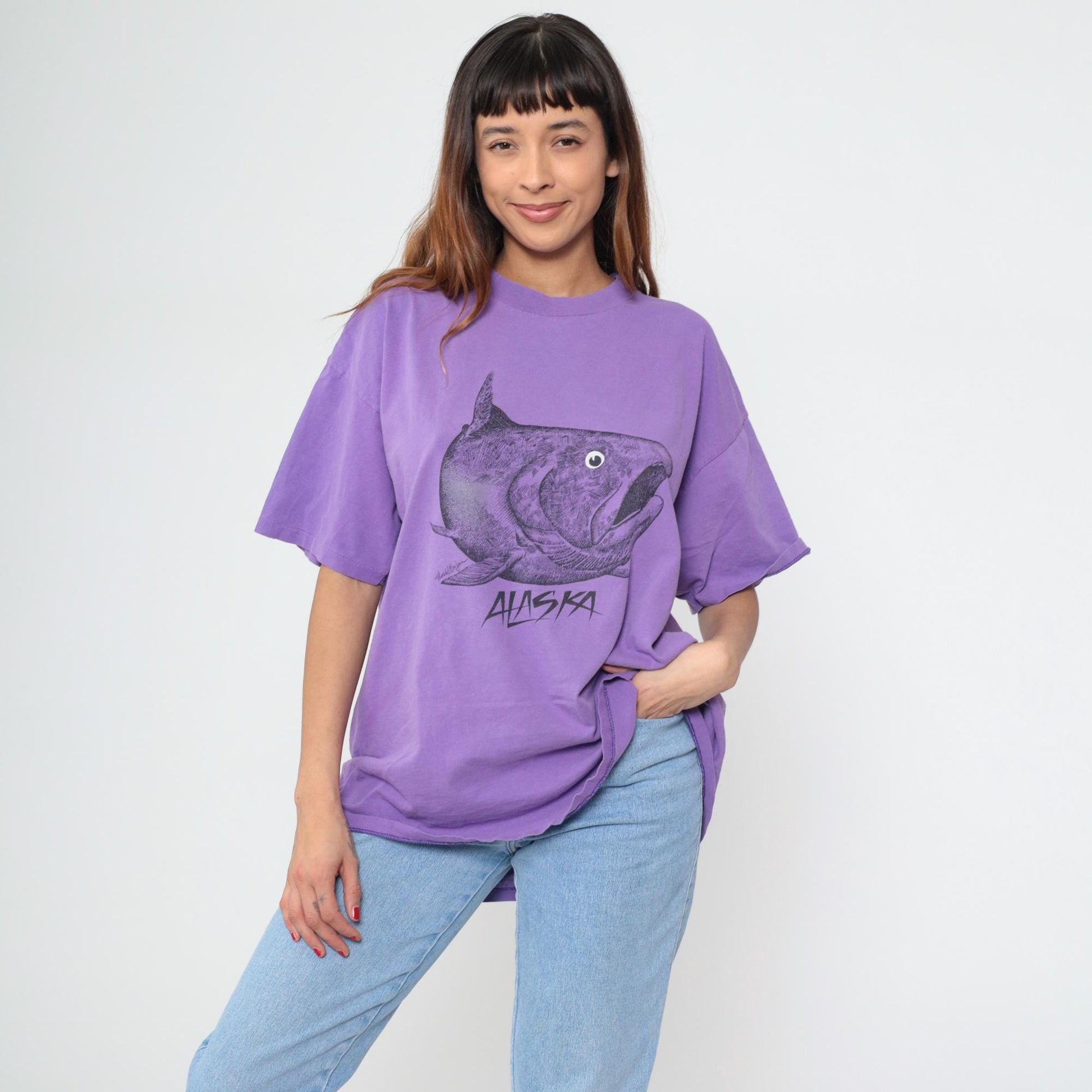 90s Oneita Purple Alaska Fish Graphic Tee Cotton Plus Size XXL