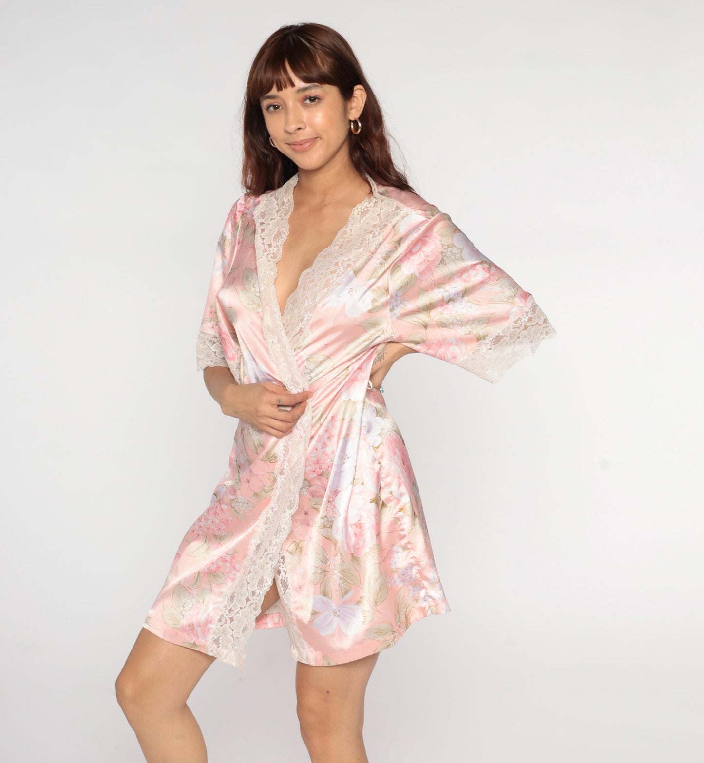 90s Pink Floral Kimono Robe Wendy Ann Lace Trim Knee Length Medium