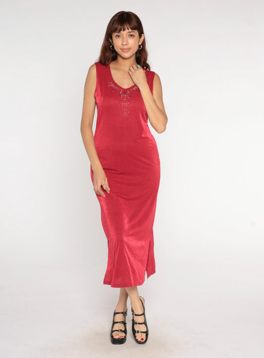 90s Red Rhinestone V-Neck Midi Dress Sleeveless Bodycon Medium M