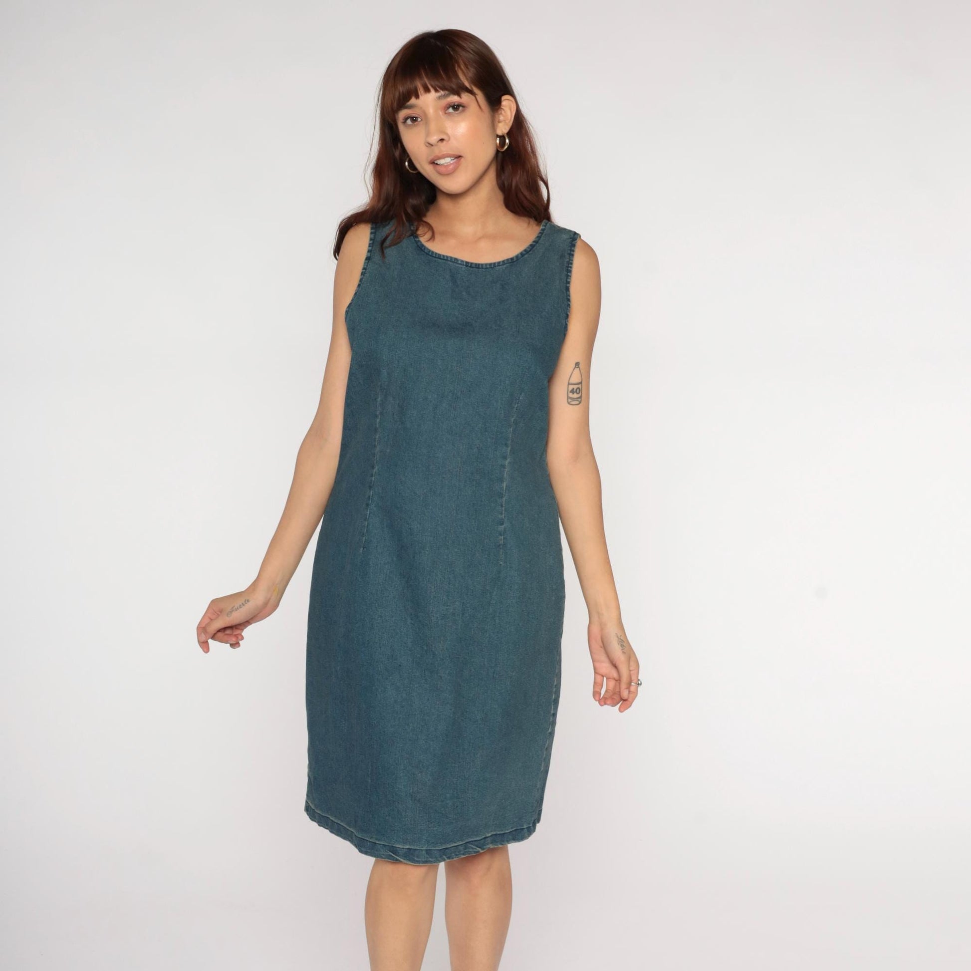 Y2K Chadwicks Denim Shift Dress Blue Scoop Neck Knee Length Large