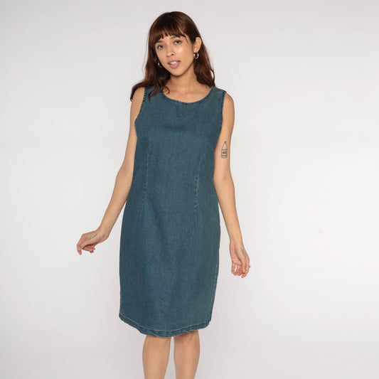 Y2K Chadwicks Denim Shift Dress Blue Scoop Neck Knee Length Large