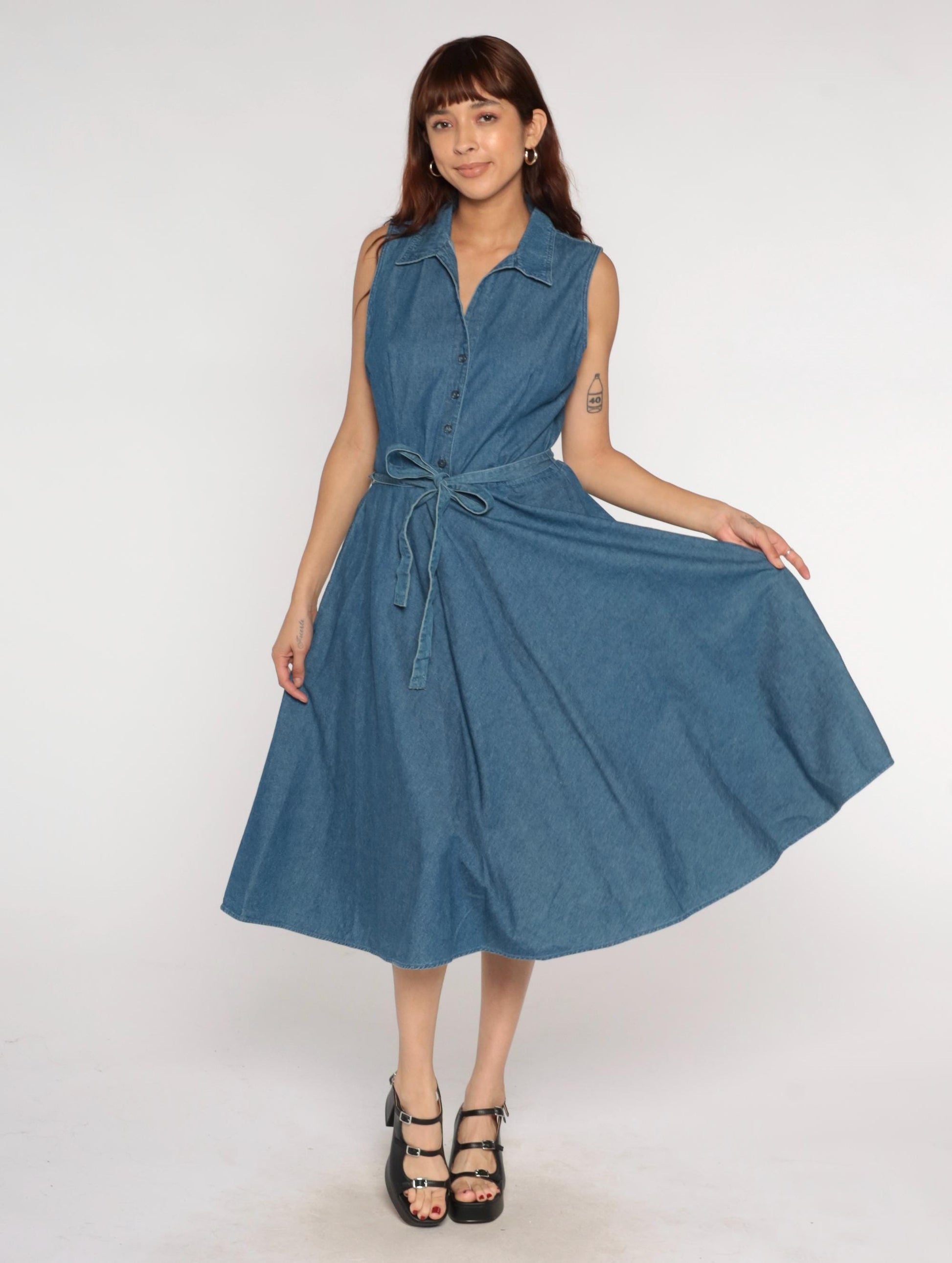Y2K Denim Midi Dress Blue Chambray Sleeveless Collared Tie Waist Large L