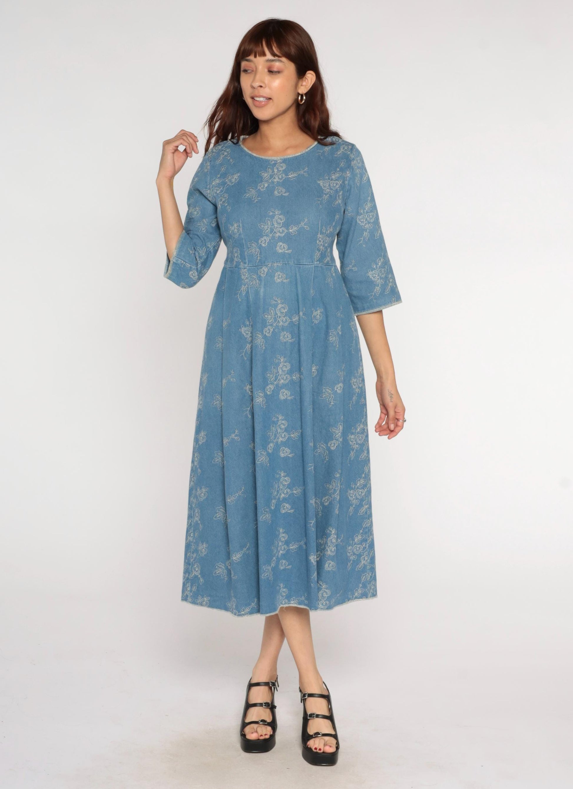 Y2K Blue Embroidered Denim Dress Floral Empire Waist A-Line Medium M
