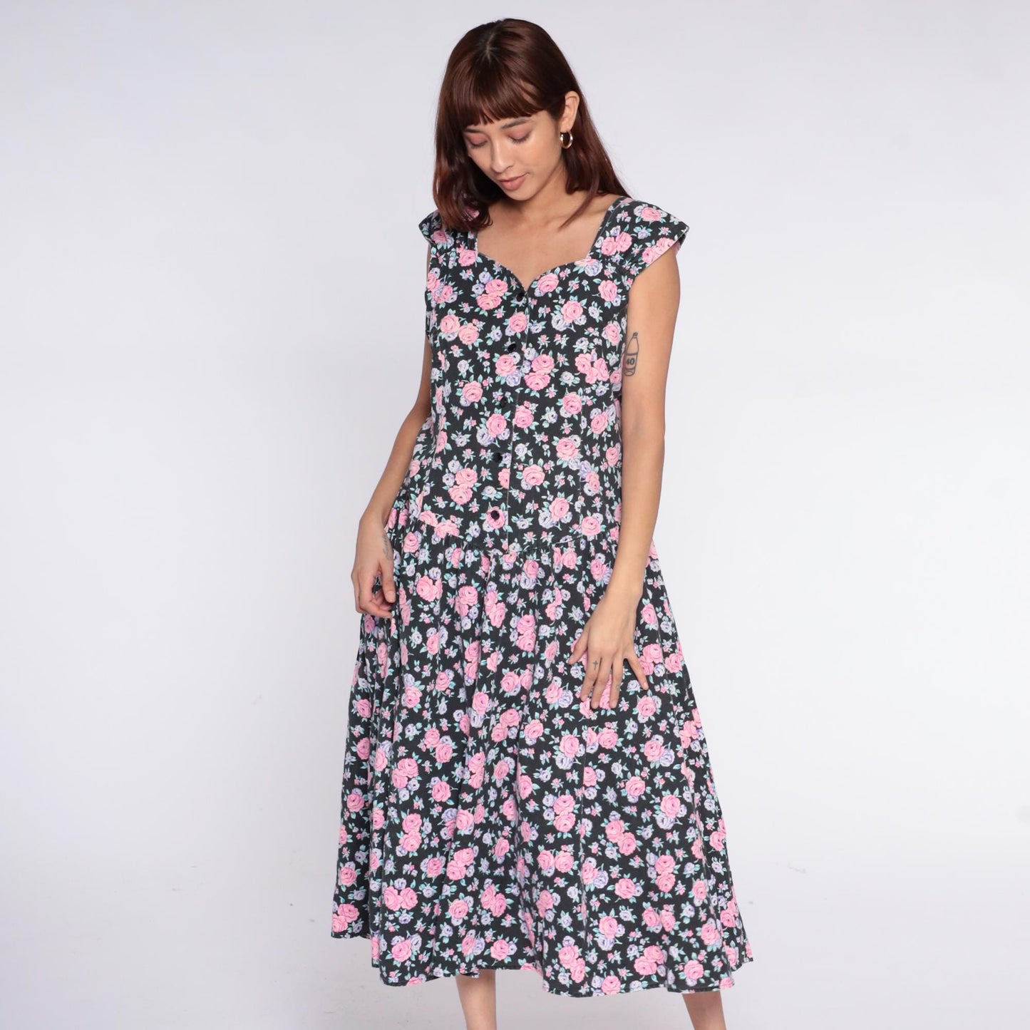 90s Black Floral Midi Dress Pink Rose Lavender Cap Sleeve V-Neck Medium