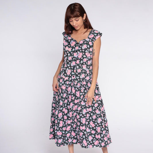 90s Black Floral Midi Dress Pink Rose Lavender Cap Sleeve V-Neck Medium