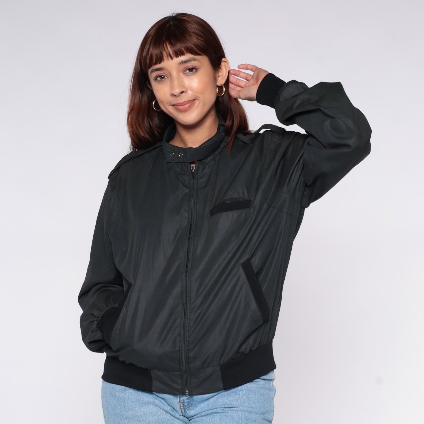 80s Black Bomber Jacket Windbreaker Flight Epaulettes Zip Front Large L