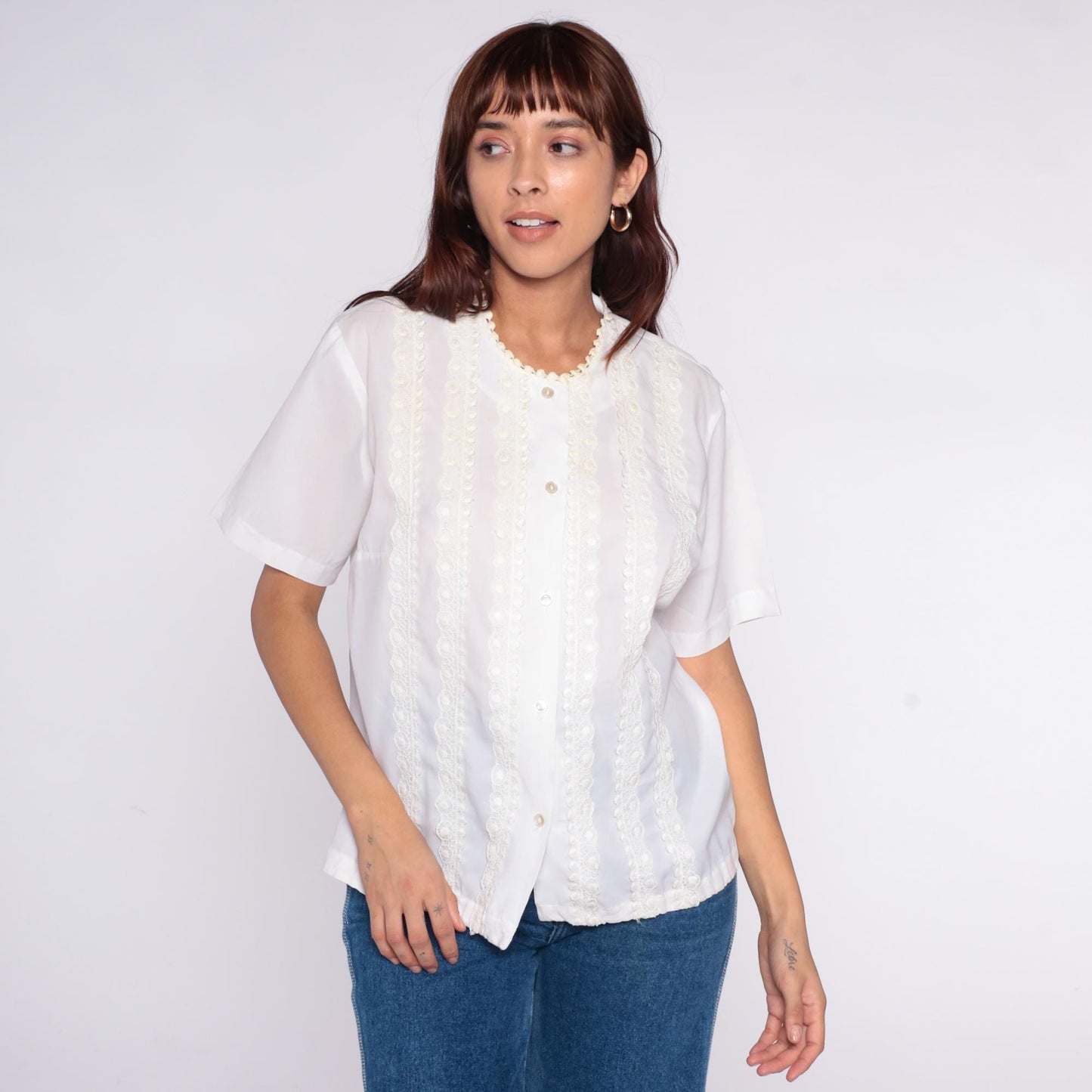 70s La Rose California White Blouse Scalloped Lace Embroidered Button Front Large