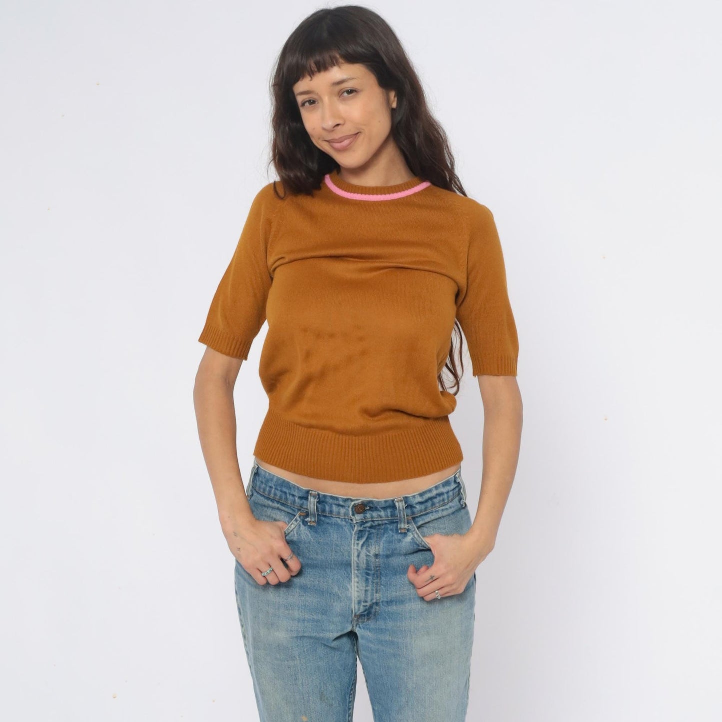 70s Filly Fashion Mustard Knit Sweater Pink Trim Cropped Back Zip Small S