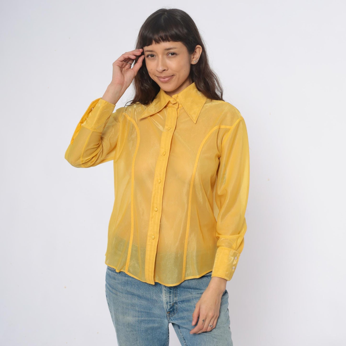 80s Lady Marlboro Yellow Nylon Blouse Button Front Pointed Collar Medium