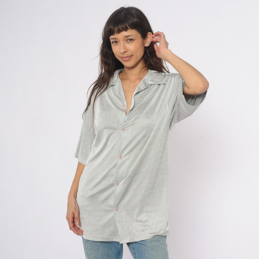 90s Silver Button-Front Tunic Shirt Three-Quarter Sleeve Extra Large XL