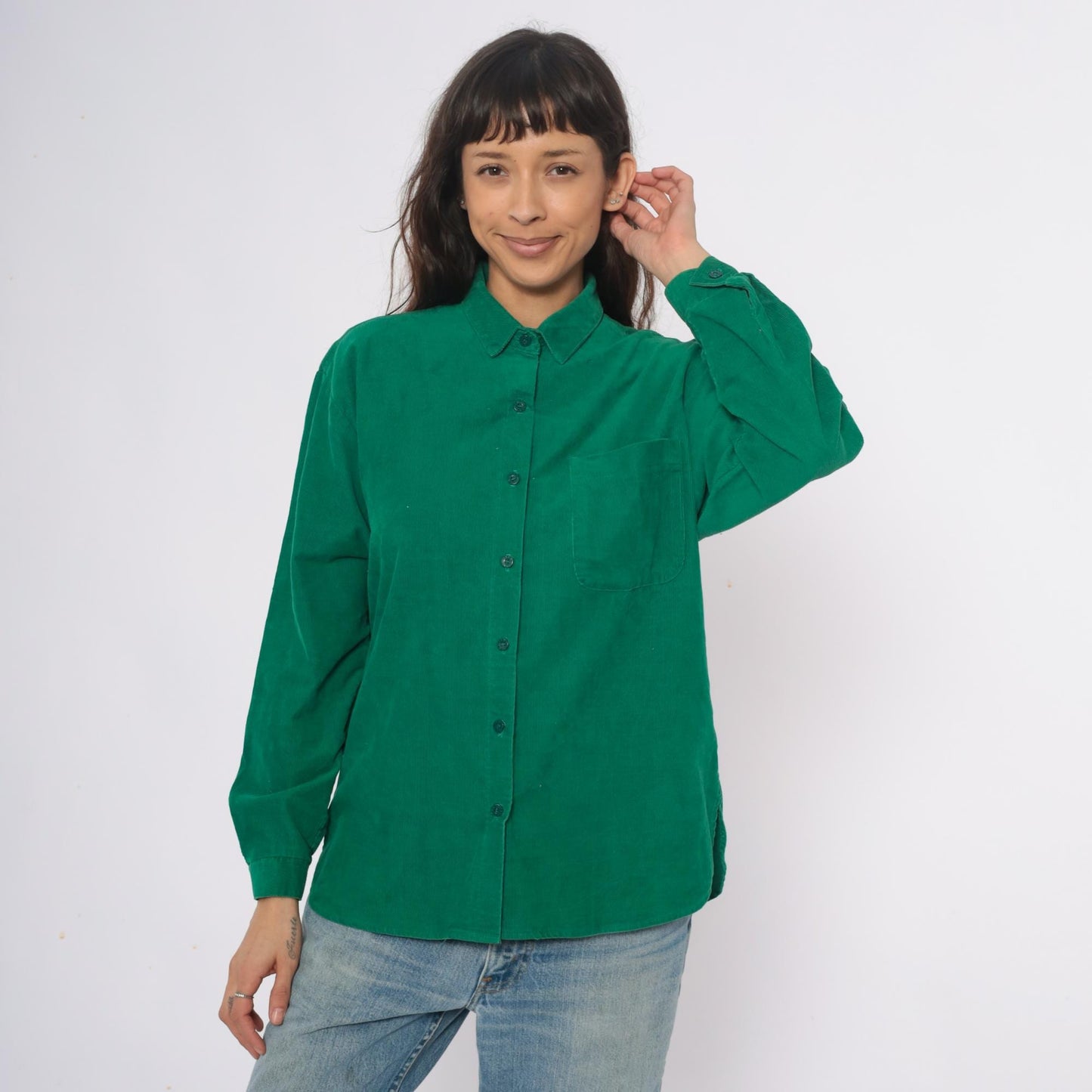 80s Hang Ten Emerald Green Corduroy Shirt Button-Up Long Sleeve Large L