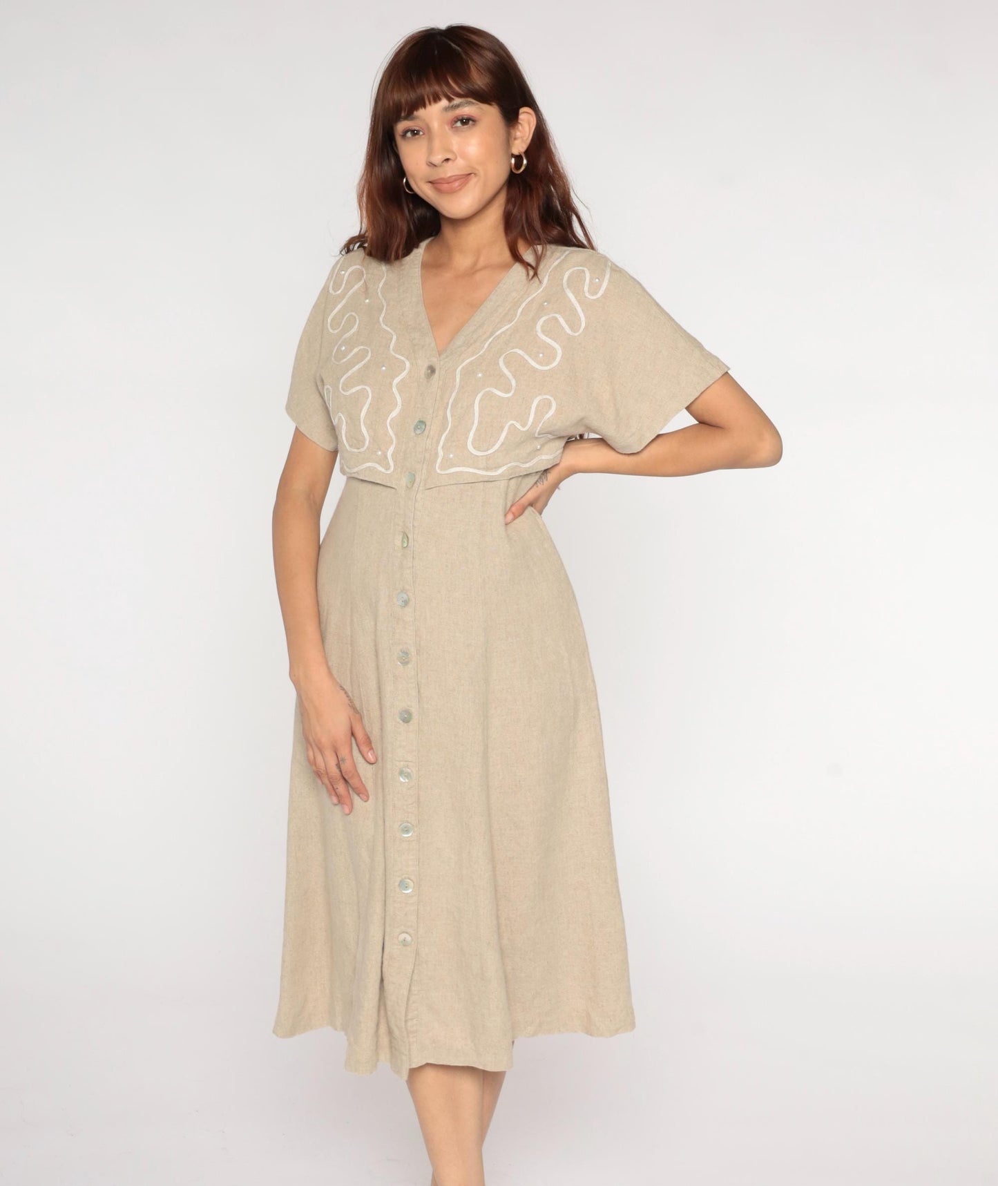 90s Miss Dorby Beige Linen Midi Dress Embroidered Sequin V-Neck Medium