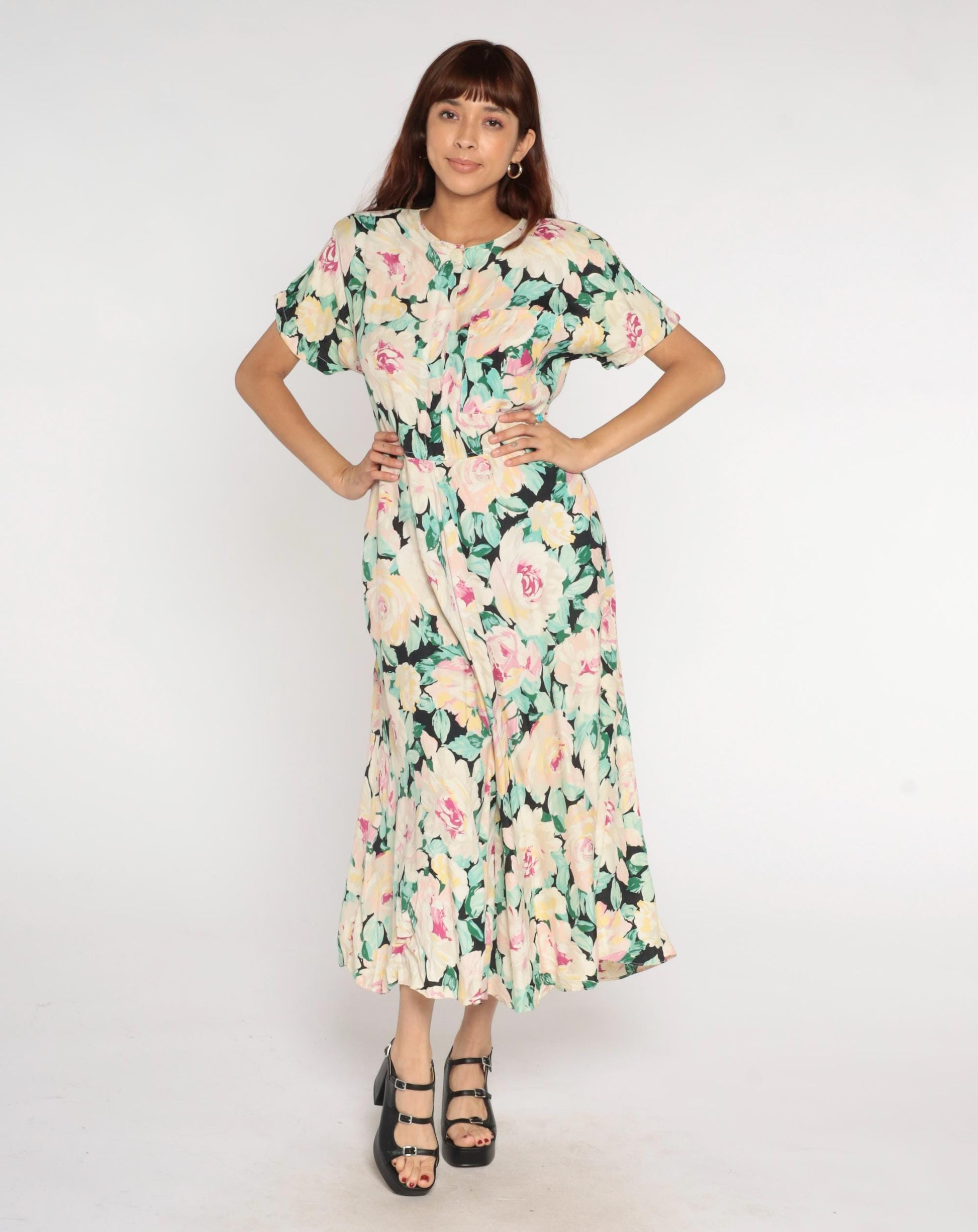 90s Carol Anderson Pastel Floral Maxi Dress Cream Pink Yellow Green Medium