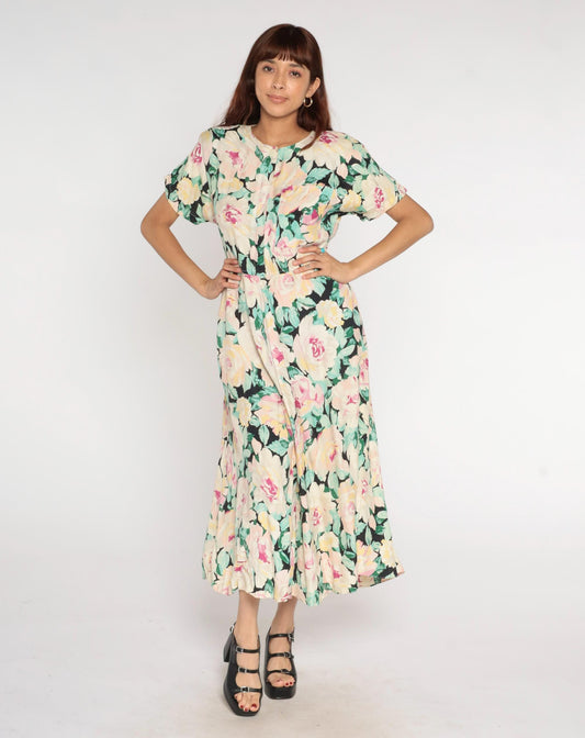 90s Carol Anderson Pastel Floral Maxi Dress Cream Pink Yellow Green Medium