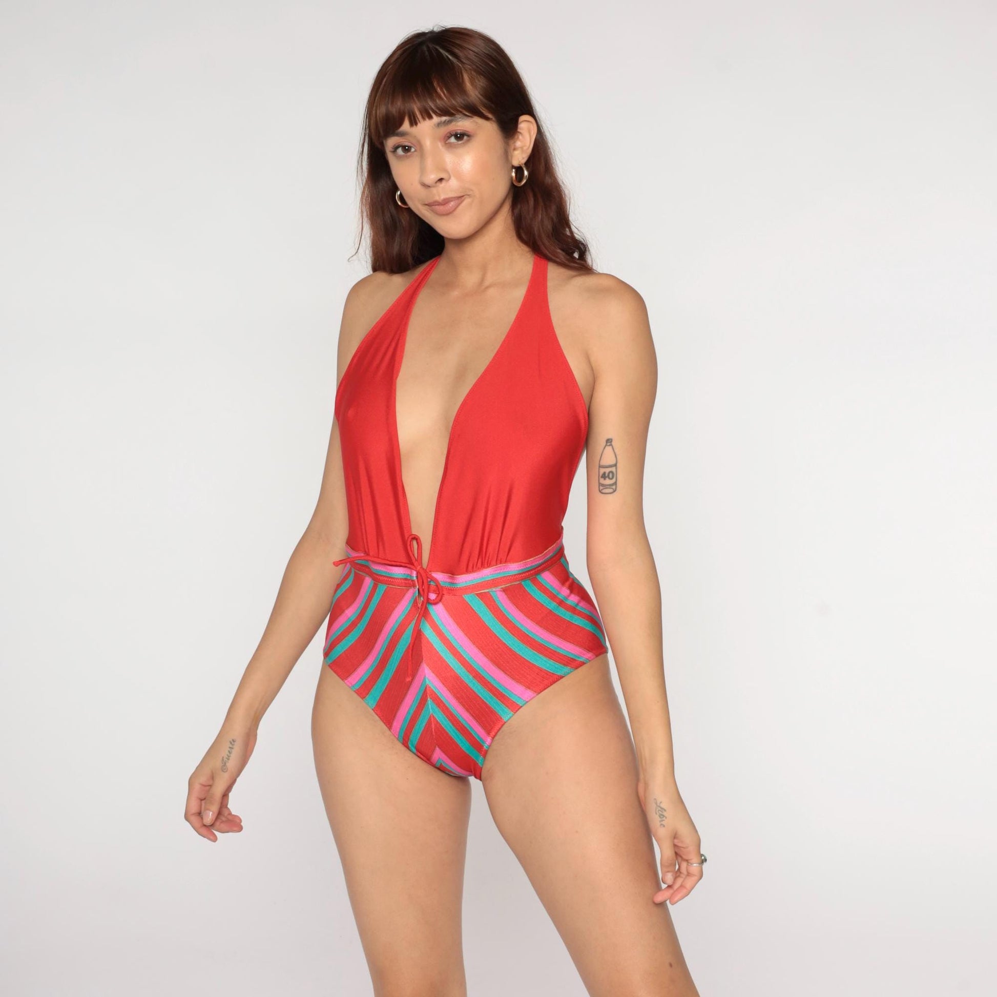 80s Gotter Halter One-Piece Swimsuit Coral Striped Plunge Neck Medium