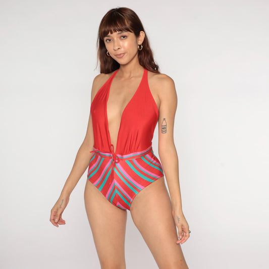 80s Gotter Halter One-Piece Swimsuit Coral Striped Plunge Neck Medium