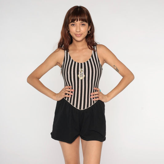 90s Tahiti Black White Striped Nautical One-Piece Swimsuit Anchor Medium