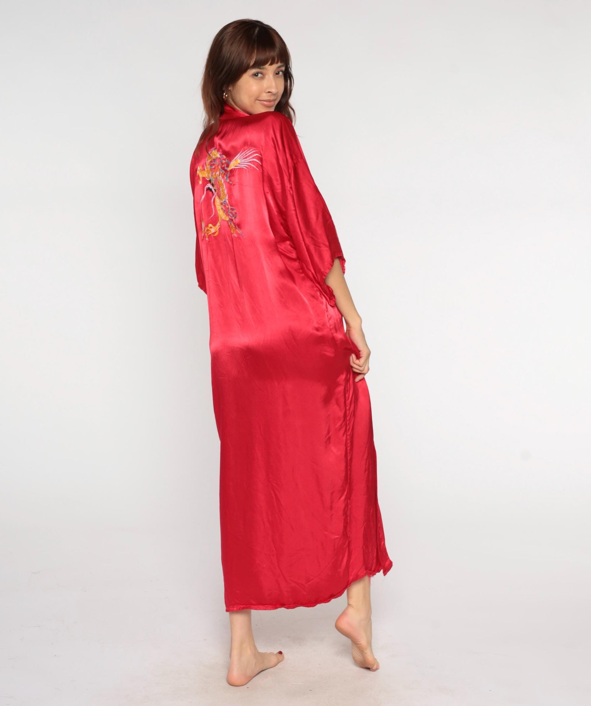 90s Red Satin Dragon Embroidered Kimono Robe Maxi Dressing Gown Extra Large XXL